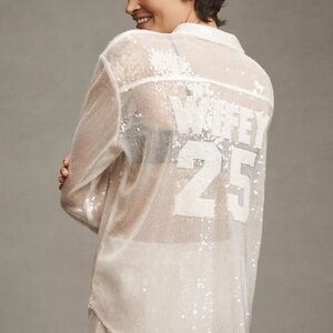 Anthropologie White Sequin Buttondown Shirt Wifey 25